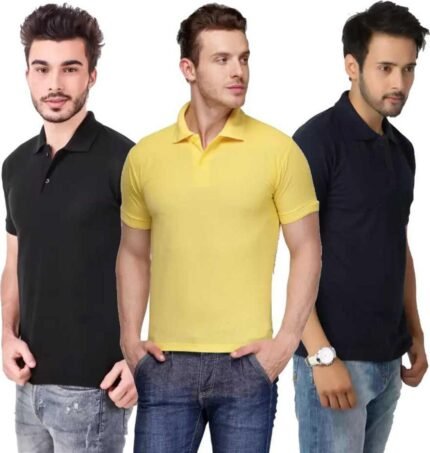 Men's Polo Neck Short Sleeve Casual Tshirt Combo of Dark Blue, Black, Yellow colors (Pack of 3)