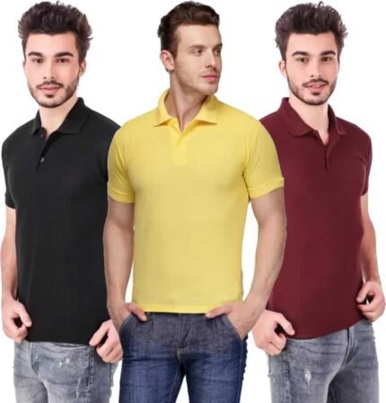 Men's Polo Neck Short Sleeve Casual Tshirt Combo of Maroon, Black, Yellow colors (Pack of 3)