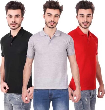 Men's Polo Neck Short Sleeve Casual Tshirt Combo of Red, Black, Grey colors (Pack of 3)