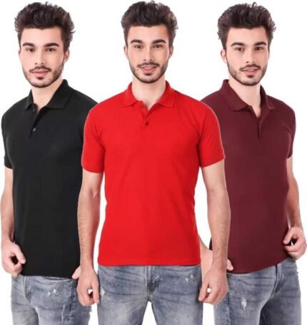 Men's Polo Neck Short Sleeve Casual Tshirt Combo of Red, Maroon, Black colors (Pack of 3)
