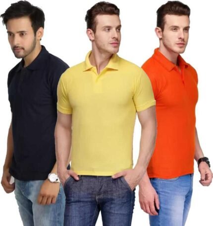 Men's Polo Neck Short Sleeve Casual Tshirt Combo of Dark Blue, Orange, Yellow colors (Pack of 3)